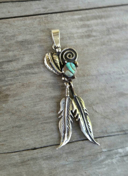 Paua shell feather pendant,sterling silver,boho shell pendant,biker chick,  gypsy,hippy,