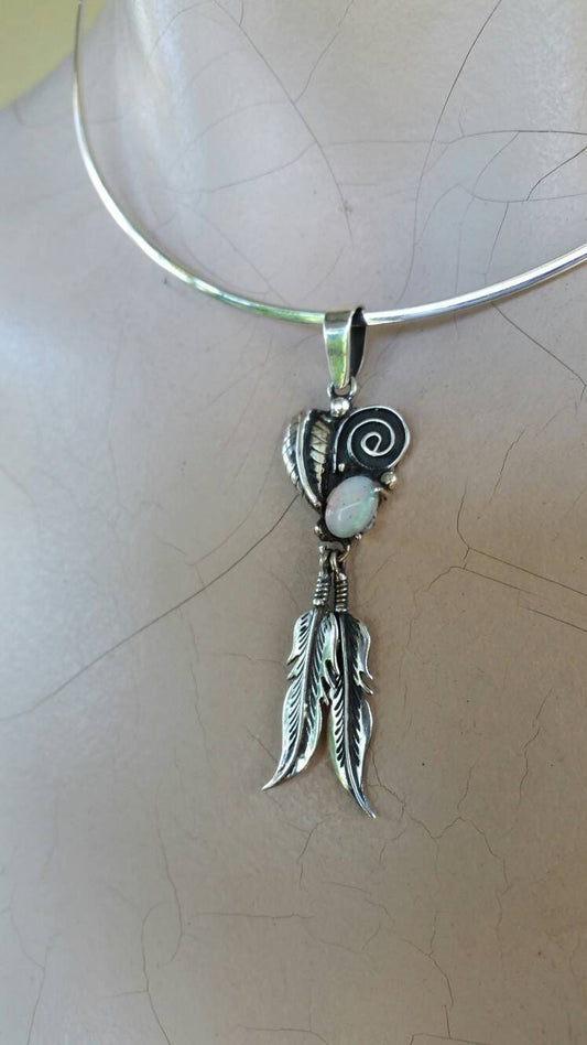 White opal feather pendant sterling silver biker steampunk gothic punk gypsy hippy boho