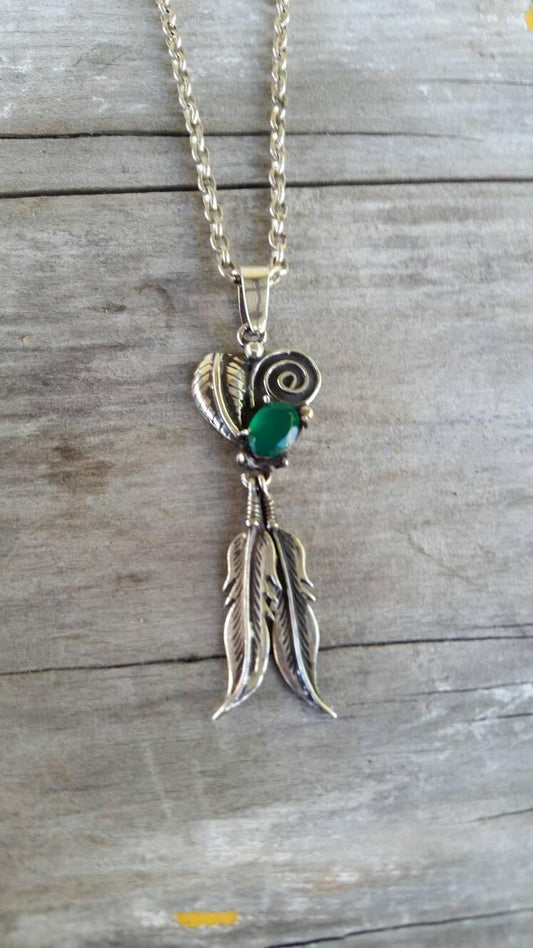 Green onyx,feather pendant, sterling silver,handmade, gypsy, hippy, boho shic,goddess,spiral,women's fashion,festival,gemstone pendant