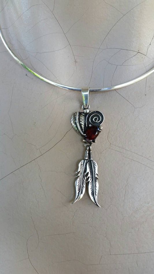 Garnet feather pendant sterling silver biker steampunk gothic punk gypsy hippy boho