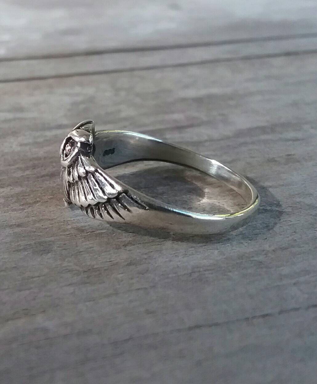 Small owl ring, two tone, gold eyes,10k, sterling silver, bird ring,woodland, boho shic, gypsy,hippy,handmade,pinkie ring,women's fashion