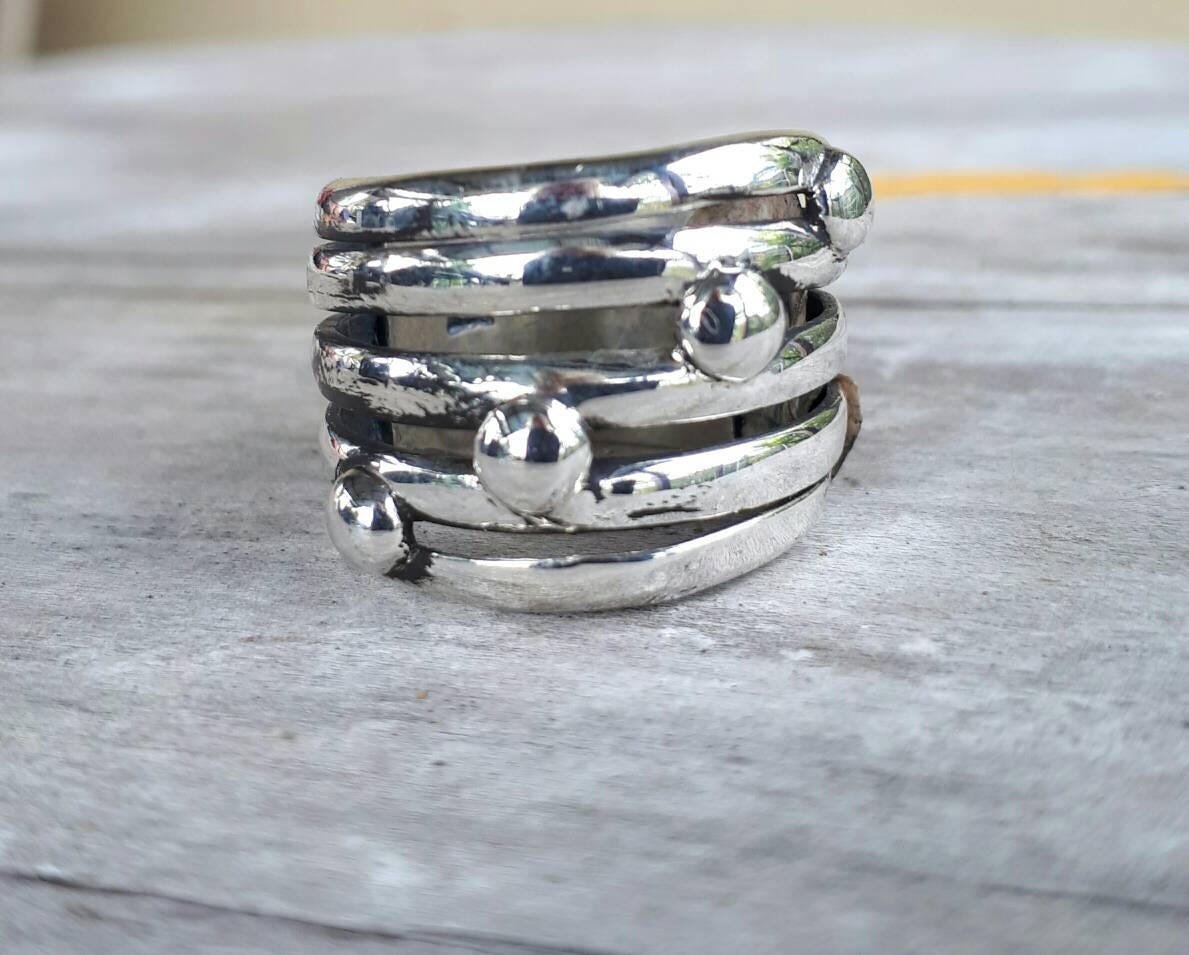 wide 5 band ball ring sterling silver unisex ring wedding ring