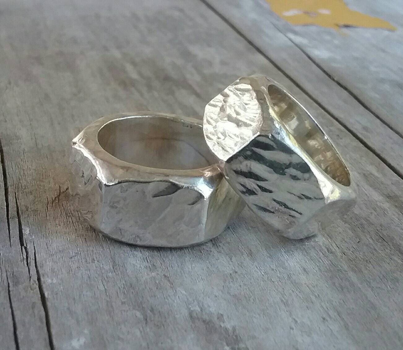 Hexagonal chunky ring,heavy, solid ring,hammered,handmade,unisex ring, sterling silver wedding  ring,heavy band,industrial,