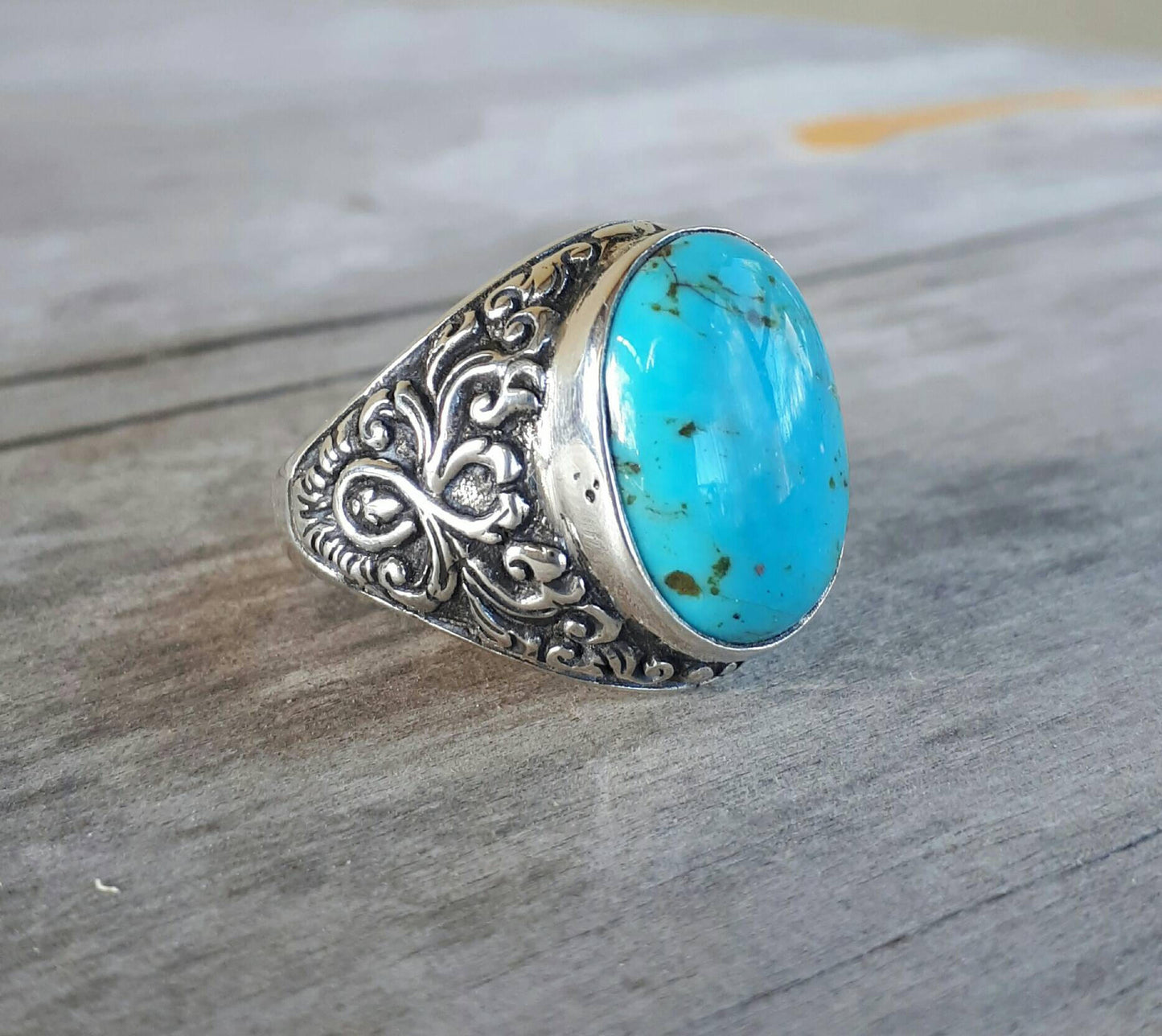 Turquoise ring,mans chunky,sterling silver,ornate gemstone dress ring,wedding,antique,vintage,scroll pattern