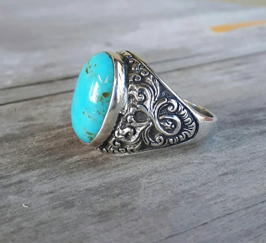 Turquoise ring,mans chunky,sterling silver,ornate gemstone dress ring,wedding,antique,vintage,scroll pattern