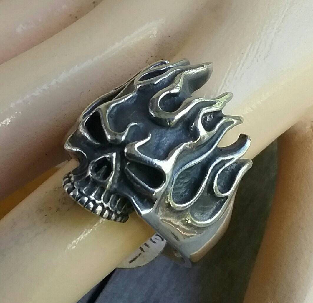 Flame, Skull ring,steampunk,gothic, punk sterling silver,ed roth flames,pirate,skeleton,