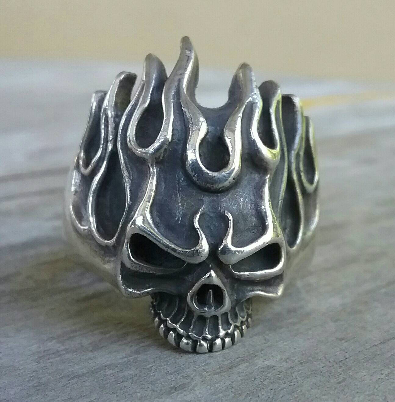 Skull ring, red eyes, flames,steampunk, gothic, punk, sterling silver,hand made,flat skull,