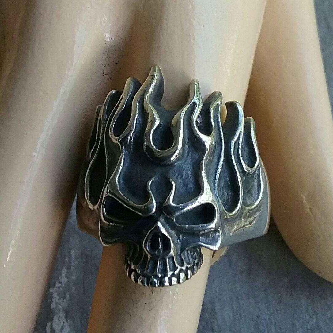 Flame, Skull ring,steampunk,gothic, punk sterling silver,ed roth flames,pirate,skeleton,