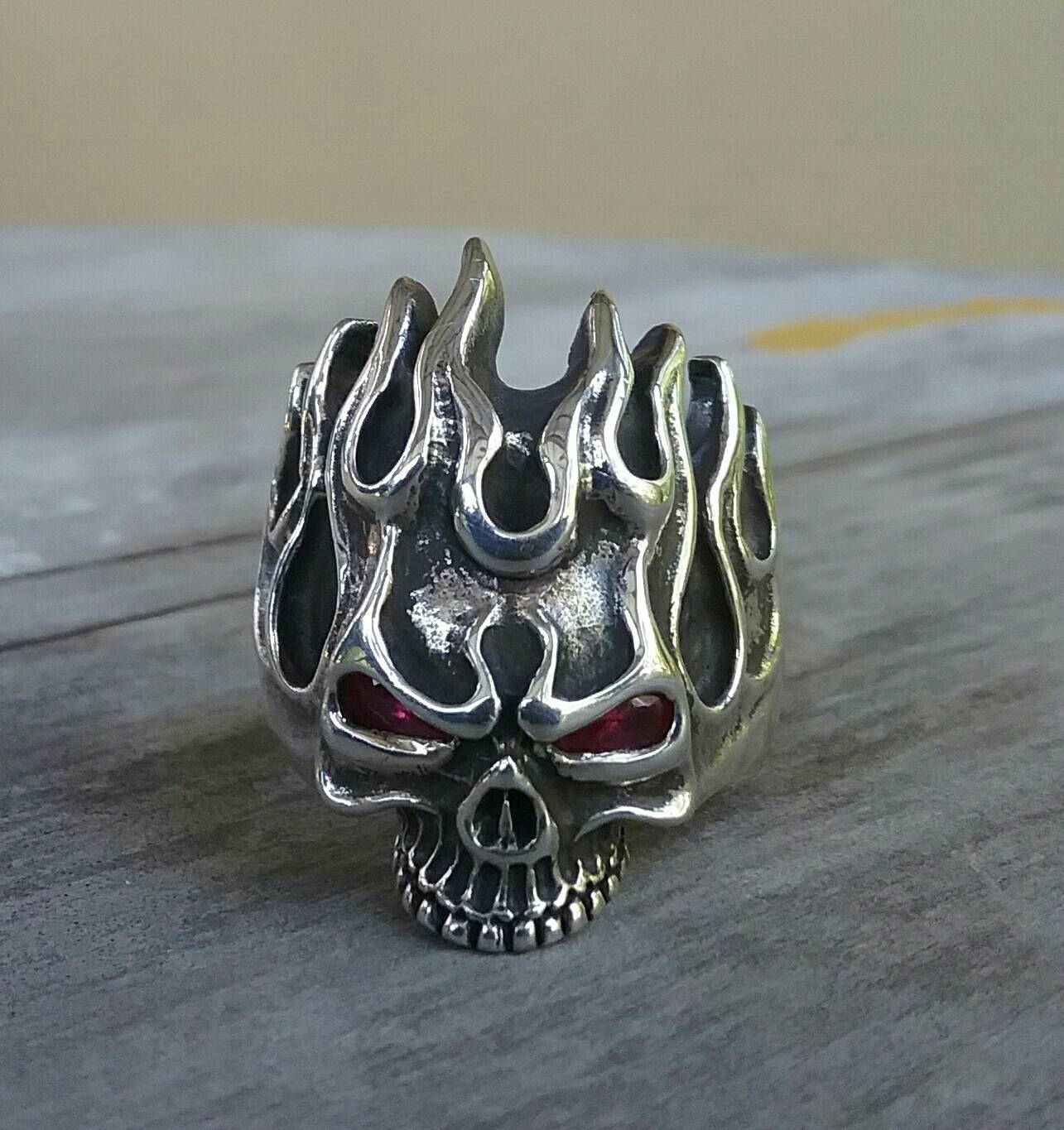 Skull ring, red eyes, flames,steampunk, gothic, punk, sterling silver,hand made,flat skull,