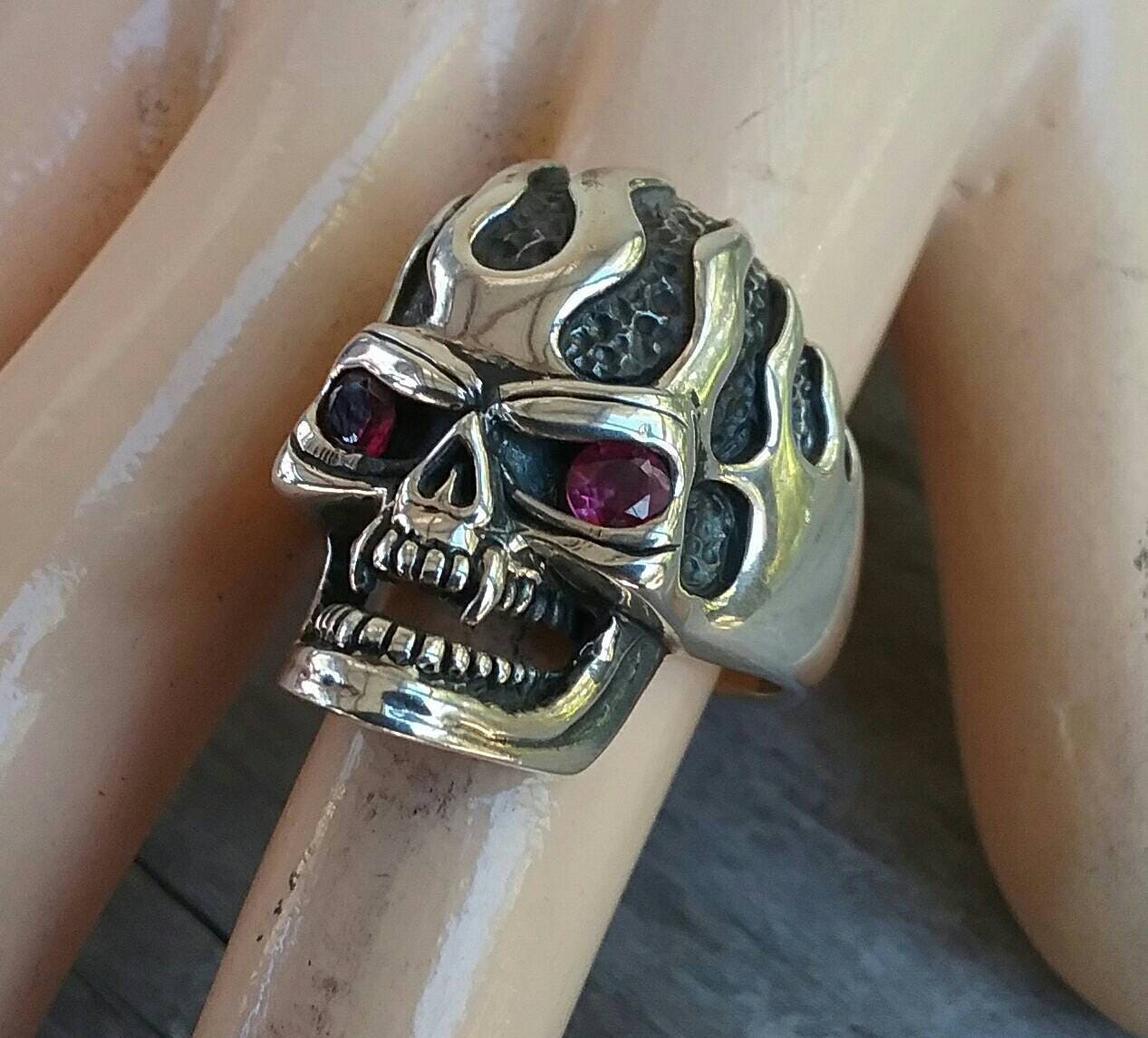 Vampire ,Skull  ring, red eyes, flames,ed roth,skeleton, steampunk,gothic,punk, sterling silver,handmade,hipster,