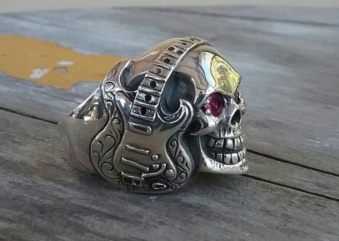 Guitar ring, Skull ring,red eyes,steampunk, gothic, punk ,sterling silver,rock,hand made,pirate,