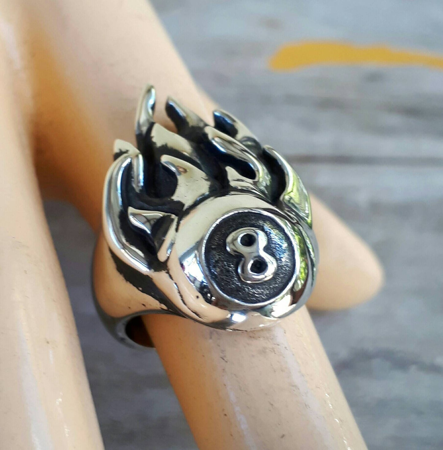 Eight ball,flame ring,pool,billards, biker ratfink rockabilly,sterling silver,hand made,long ring,unisex ring,ed roth