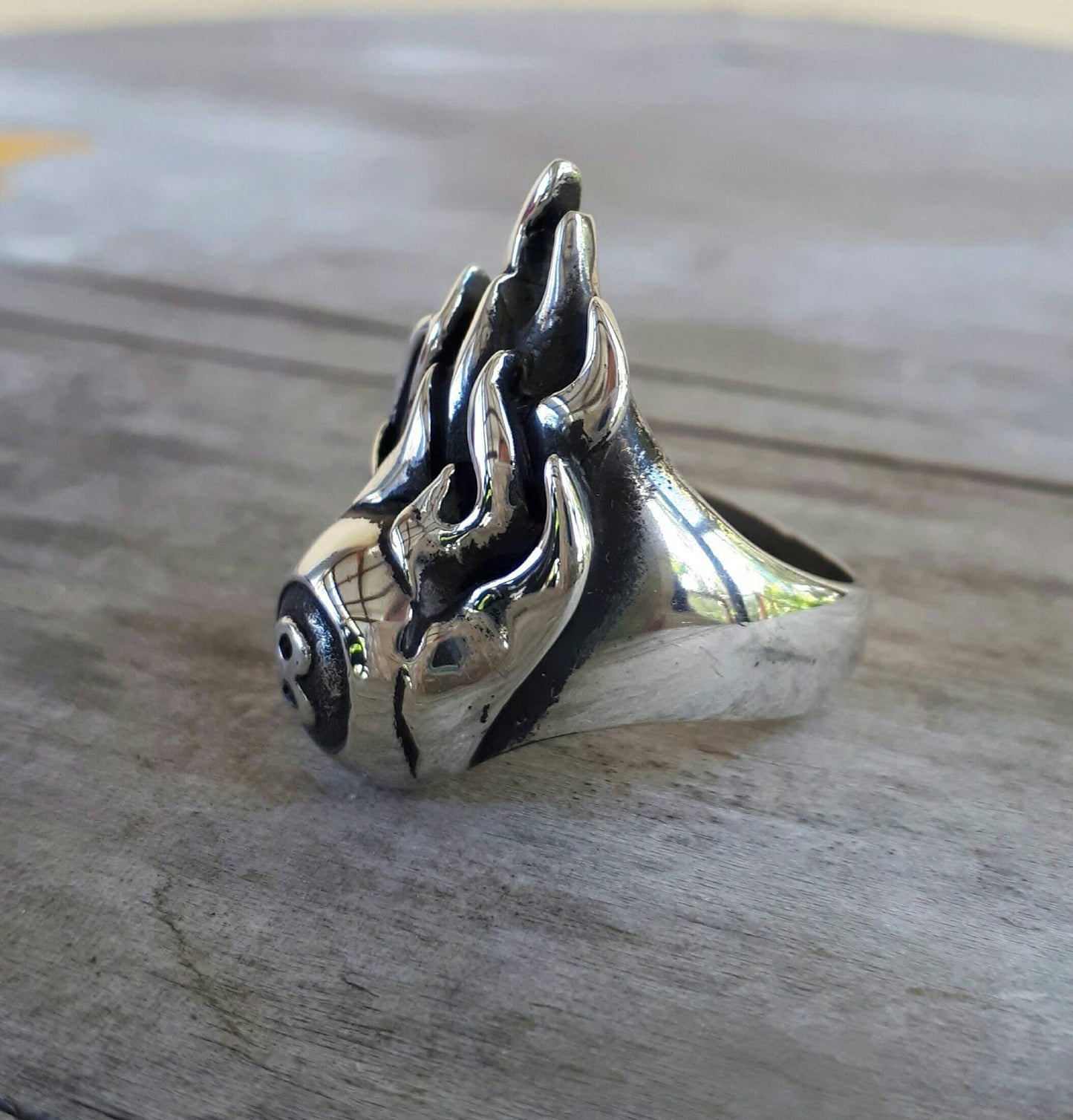 Eight ball,flame ring,pool,billards, biker ratfink rockabilly,sterling silver,hand made,long ring,unisex ring,ed roth