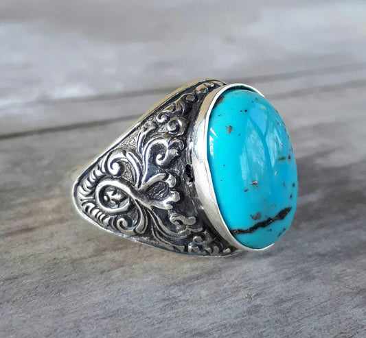 Turquoise mans sterling silver dress wedding dress ring antique scroll pattern