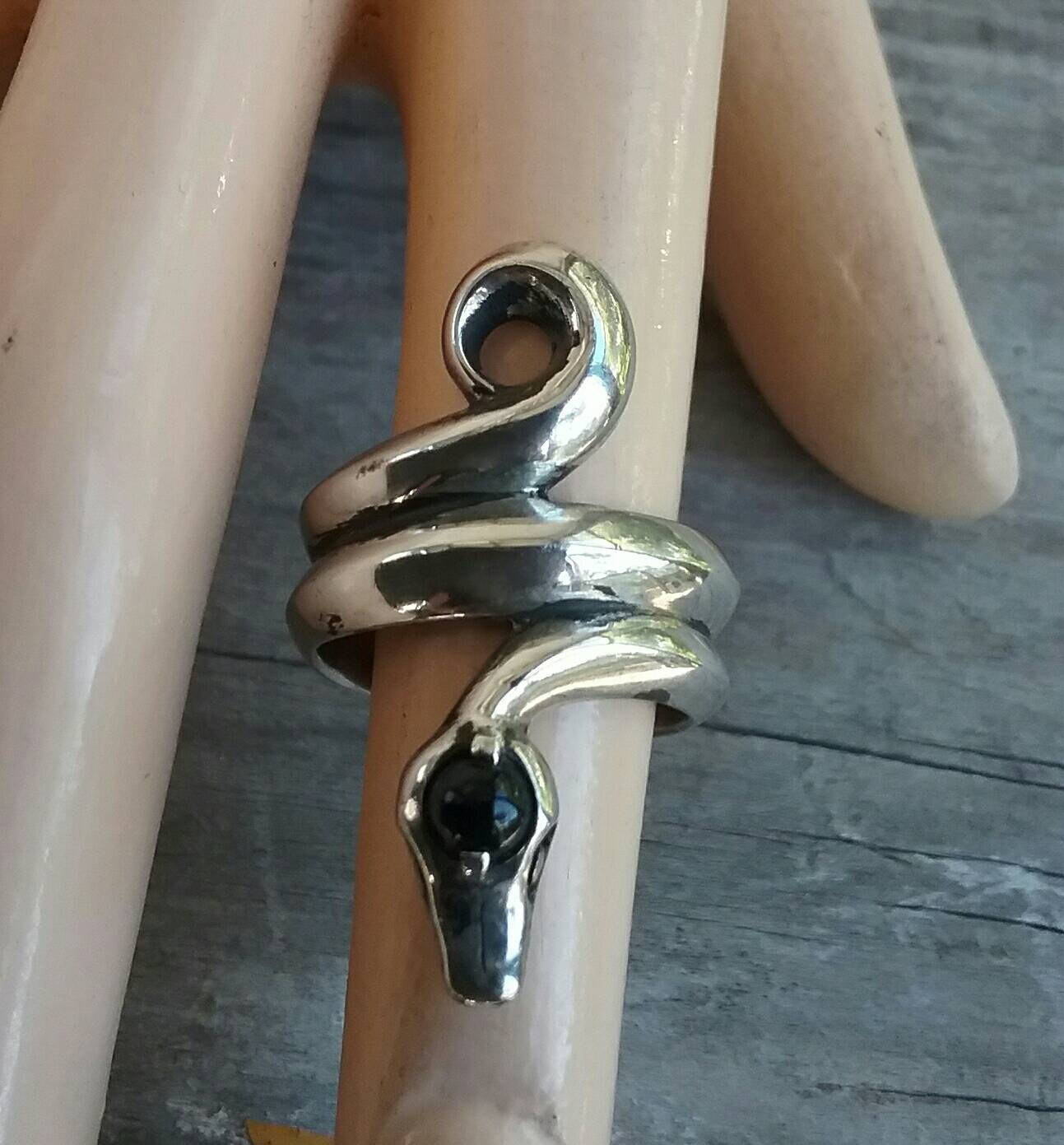 Snake ring,chunky,sterling silver,wrap around serpant,onyx head snake,