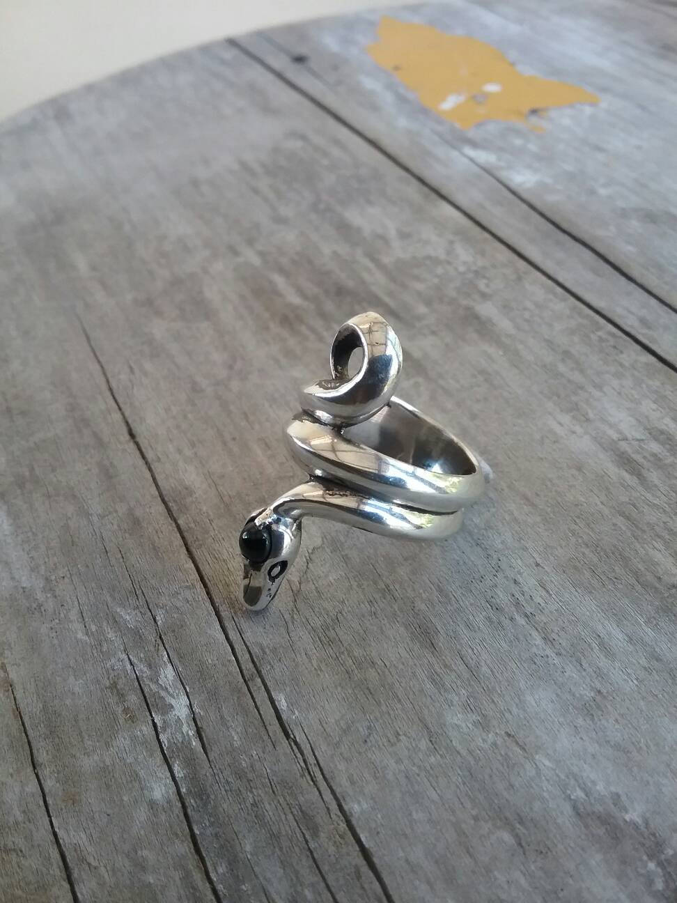 Snake ring,chunky,sterling silver,wrap around serpant,onyx head snake,