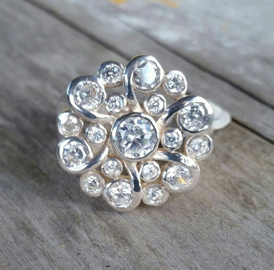 Chunky ring,cz,sterling silver ring,cubic cluster,White flower,large flower ring multi stone,new age,ladies fashion,boho,cubic zircon ring