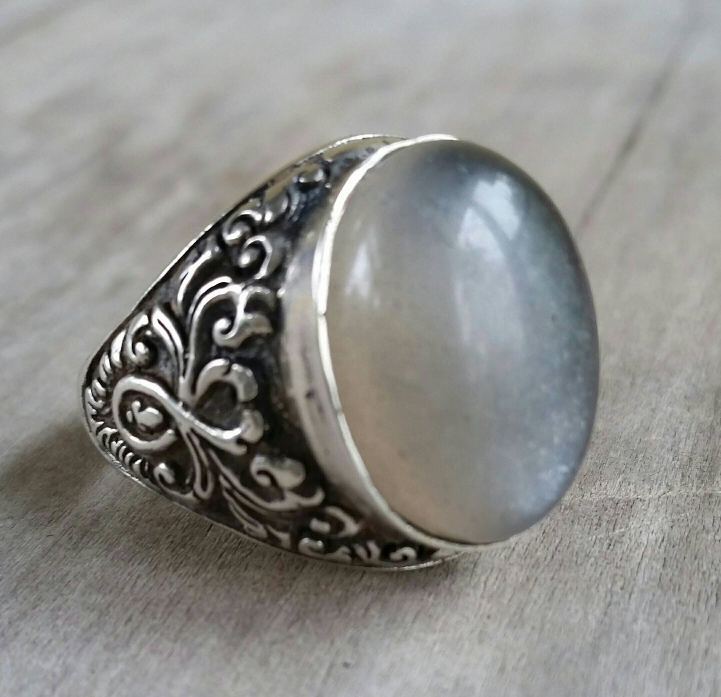 moonstone ring,grey moonstone,sterling silver,antique design,mens wedding dress ring ,scroll pattern