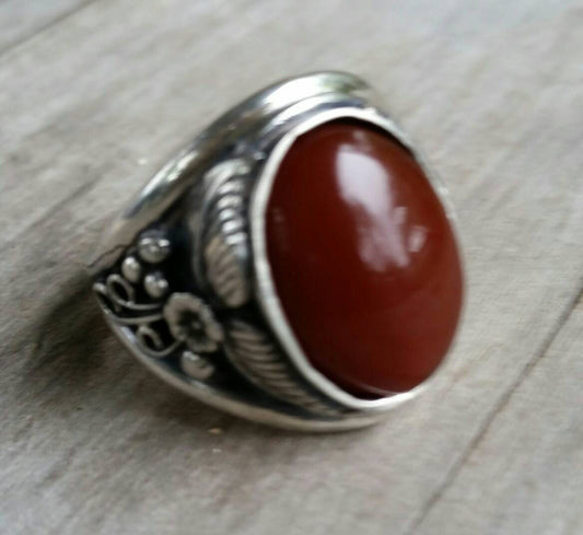 Carnelian sterling silver dress wedding dress ring leaf pattern