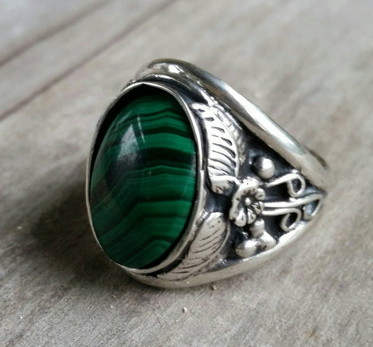 Malachite sterling silver dress wedding dress ring leaf pattern