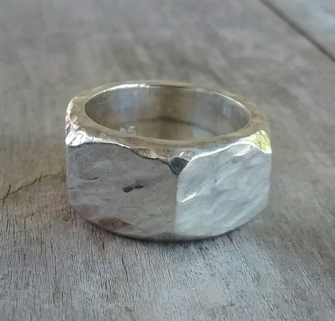 Hexagonal chunky ring,heavy, solid ring,hammered,handmade,unisex ring, sterling silver wedding  ring,heavy band,industrial,