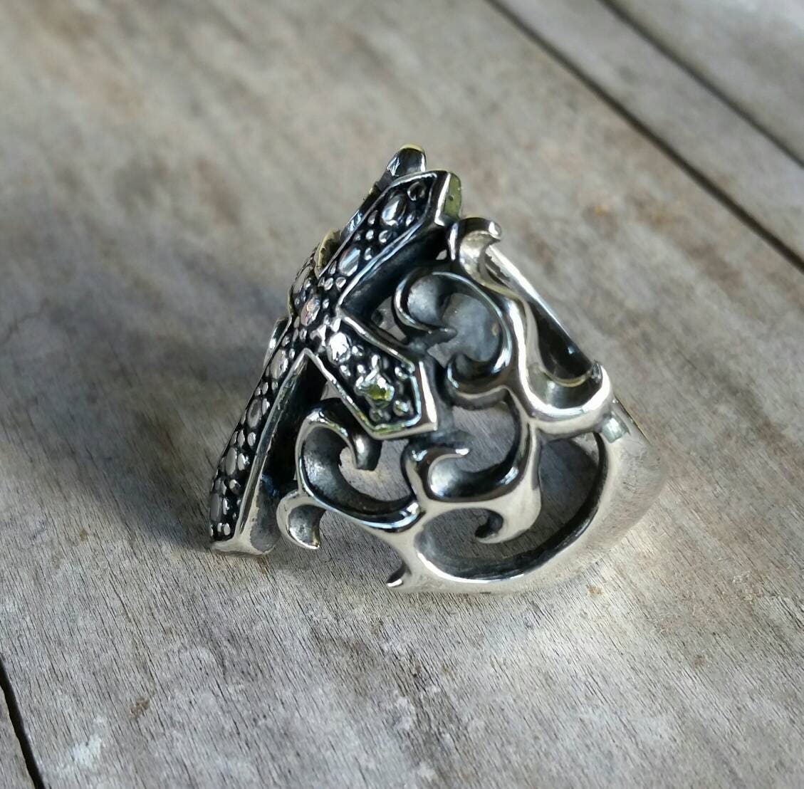 Large cross ring,sterling silver, ornate, filegree,handmade, steampunk,gothic, wedding,dress ring,religious,Christian,god,maori koru