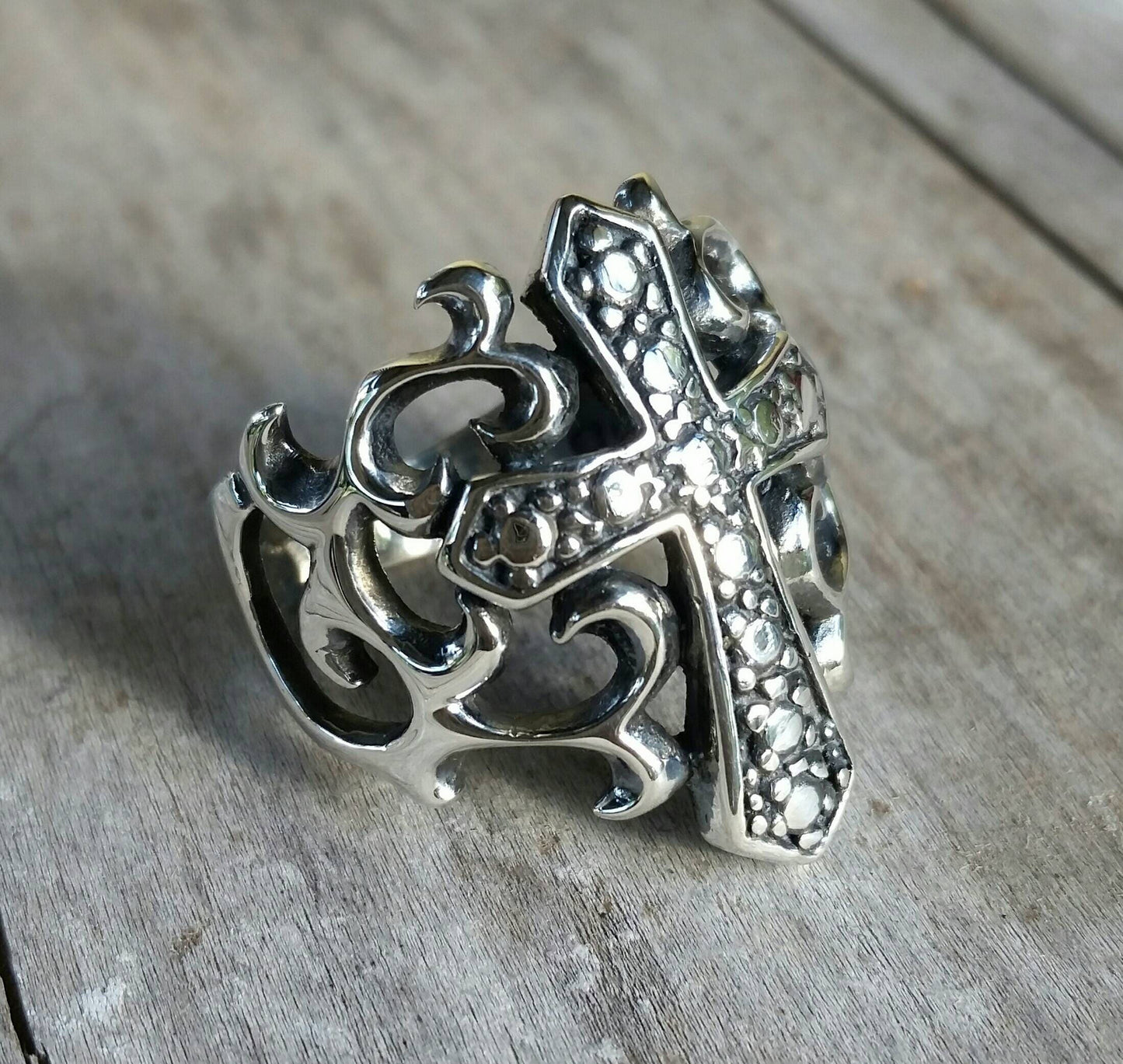 Large cross ring,sterling silver, ornate, filegree,handmade, steampunk,gothic, wedding,dress ring,religious,Christian,god,maori koru