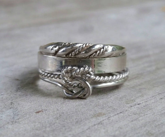 stacking rings,sterling silver,3 set,love knot,twist ring,plain band