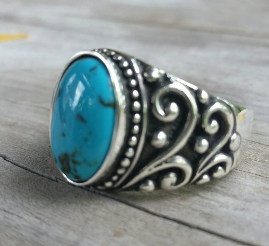 Turquoise mans sterling large silver dress wedding dress ring antique scroll pattern