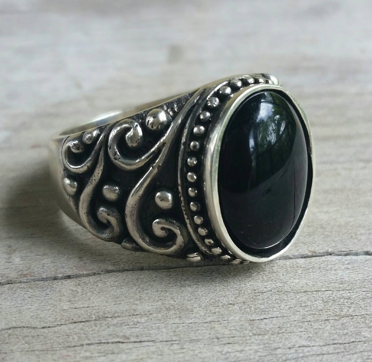 Onyx ring,large chunky ring,sterling silver,handmade,mans stone ring,wedding,boho, dress ring antique, scroll pattern,mans fashion