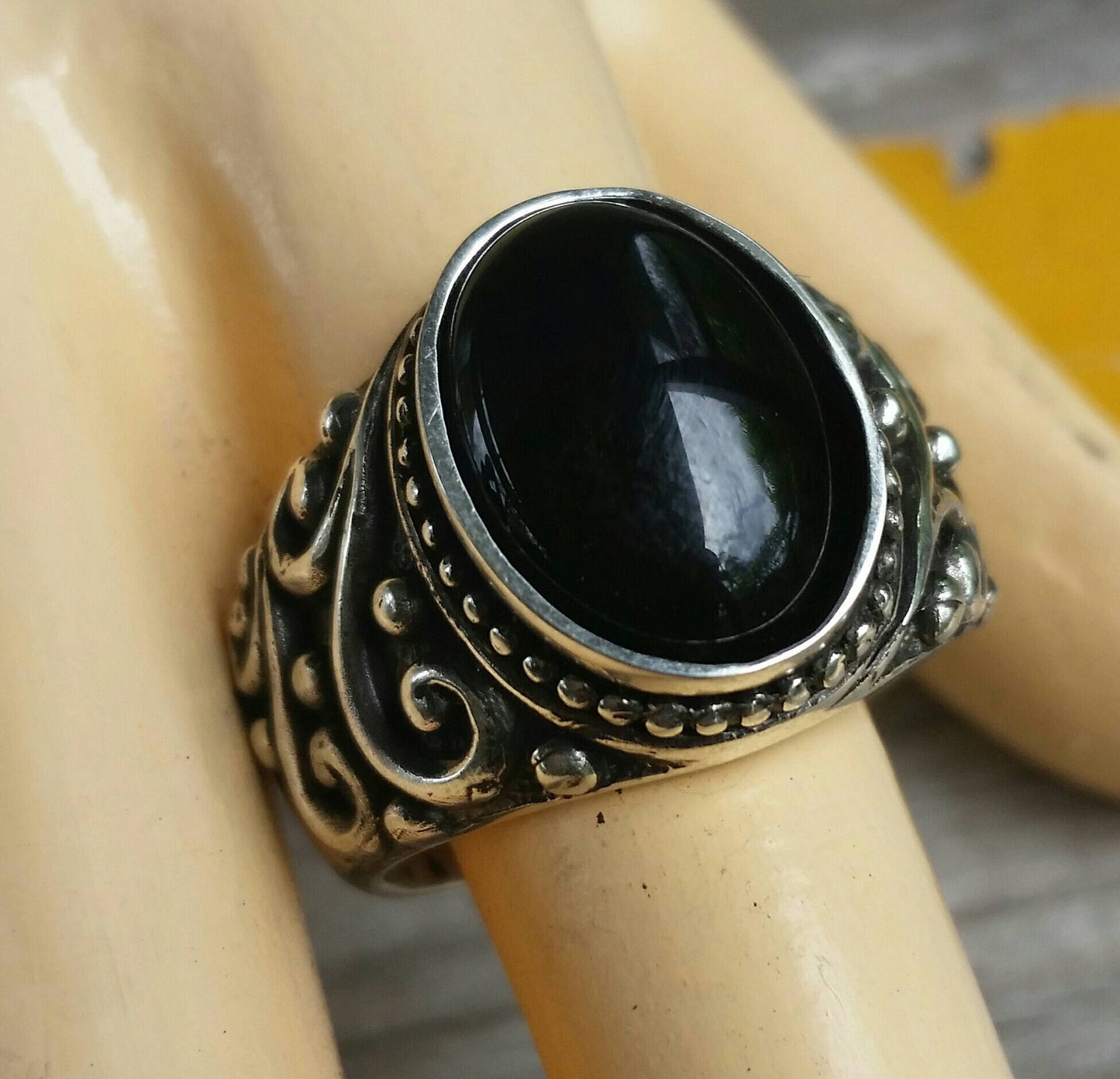 Onyx ring,large chunky ring,sterling silver,handmade,mans stone ring,wedding,boho, dress ring antique, scroll pattern,mans fashion