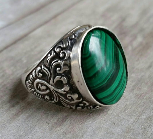 Malachite ring,sterling silver,vintage,scroll,baroque,wedding, dress ring,antique,gemstone,crystal,green stone ring,mans stone ring,chunky,