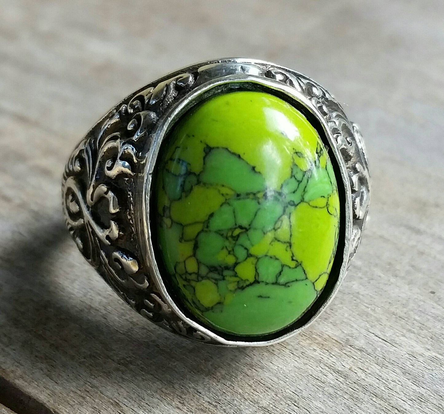 Green Turquoise, mens stone ring,sterling silver, wedding, mens fashion,antique,vintage, scroll, pattern,handmade,signet ring,boho,designer