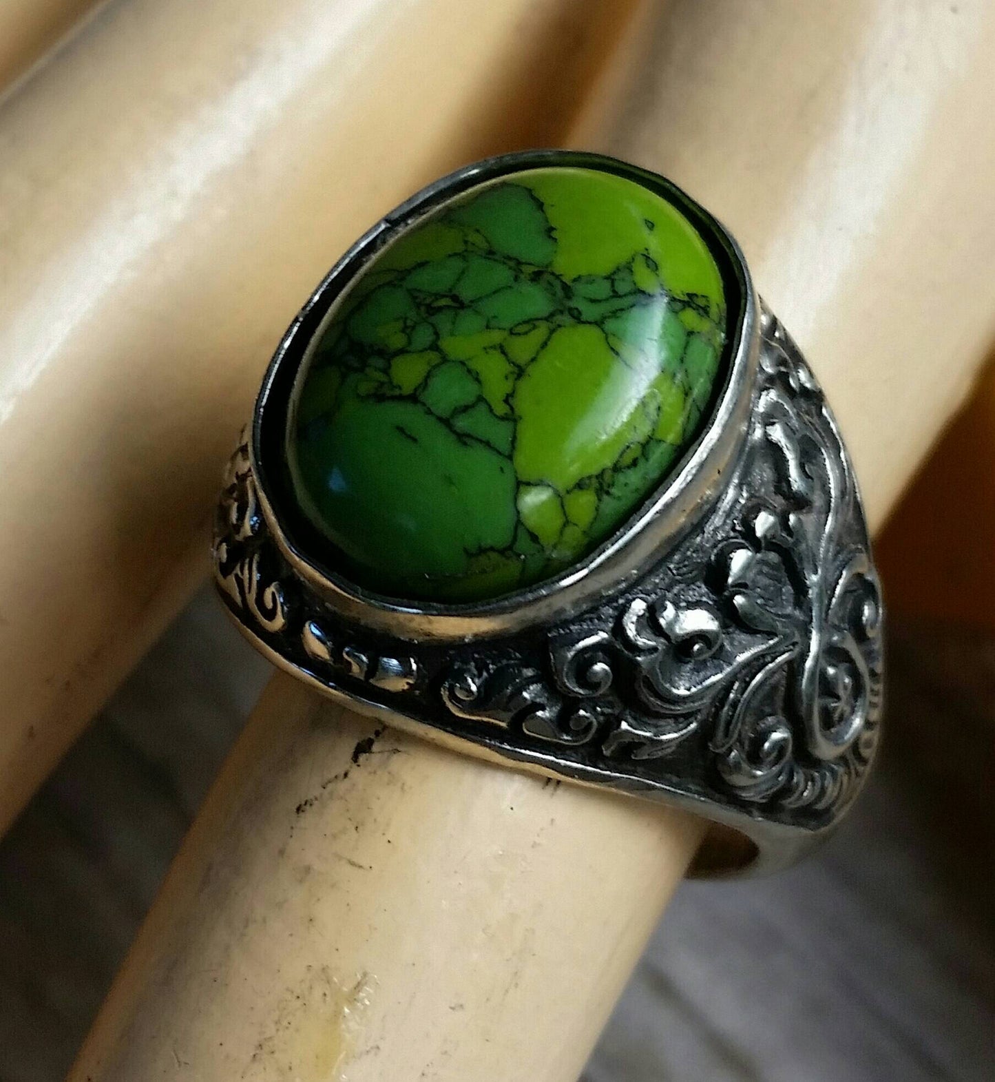 Green Turquoise, mens stone ring,sterling silver, wedding, mens fashion,antique,vintage, scroll, pattern,handmade,signet ring,boho,designer