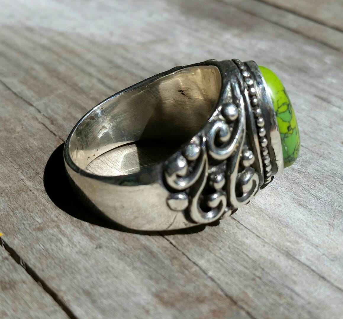 Green Turquoise ring, sterling silver,mosaic,mans dress wedding ring, antique scroll,vintage,hipster,boho,hand made,large stone ring