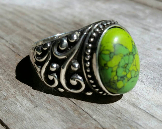 Green Turquoise ring, sterling silver,mosaic,mans dress wedding ring, antique scroll,vintage,hipster,boho,hand made,large stone ring