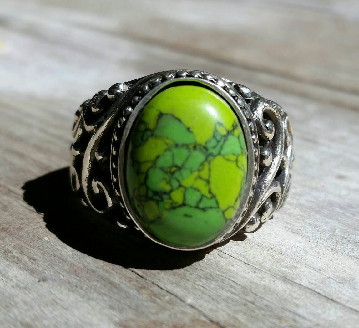 Green Turquoise ring, sterling silver,mosaic,mans dress wedding ring, antique scroll,vintage,hipster,boho,hand made,large stone ring