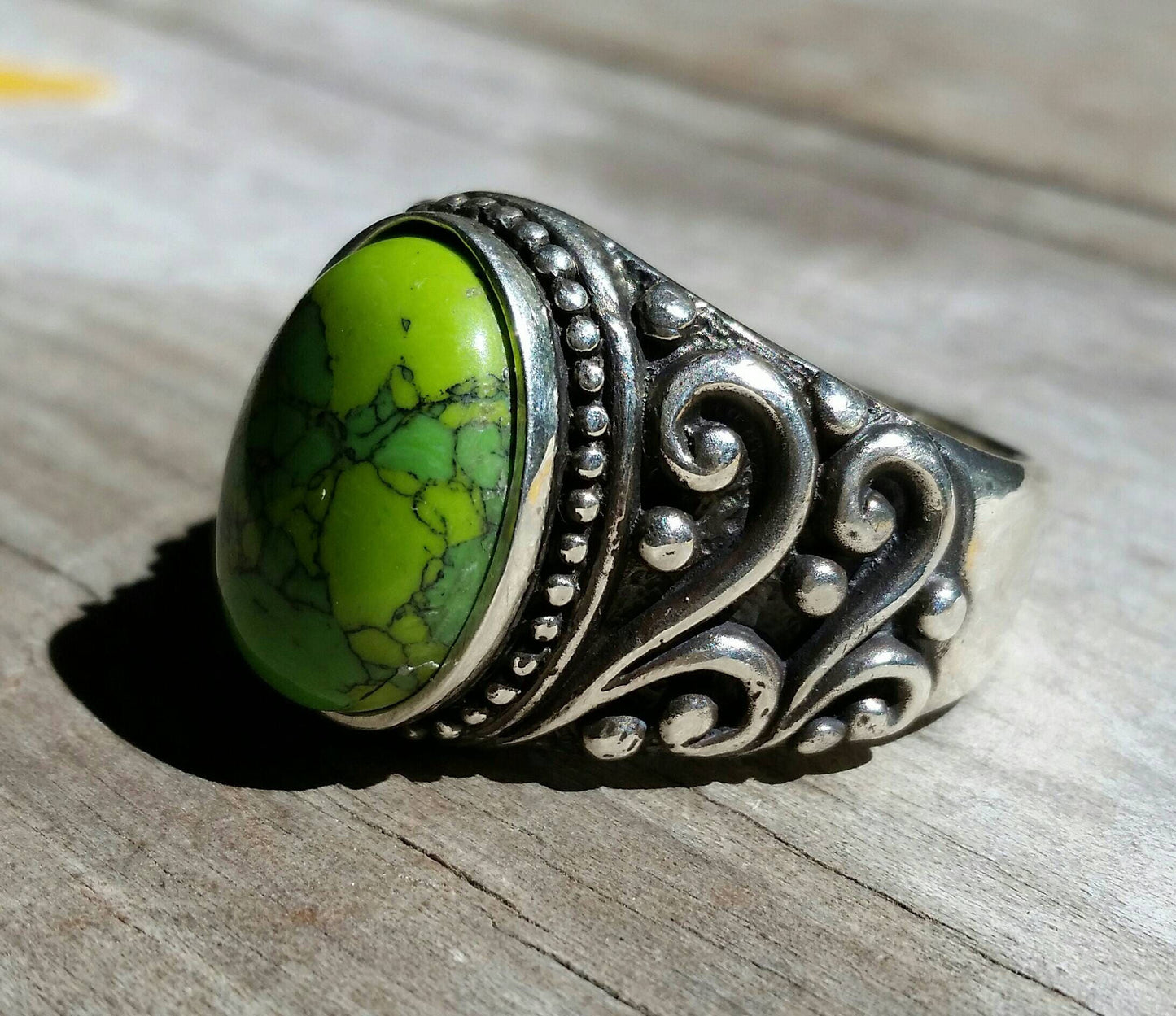 Green Turquoise ring, sterling silver,mosaic,mans dress wedding ring, antique scroll,vintage,hipster,boho,hand made,large stone ring