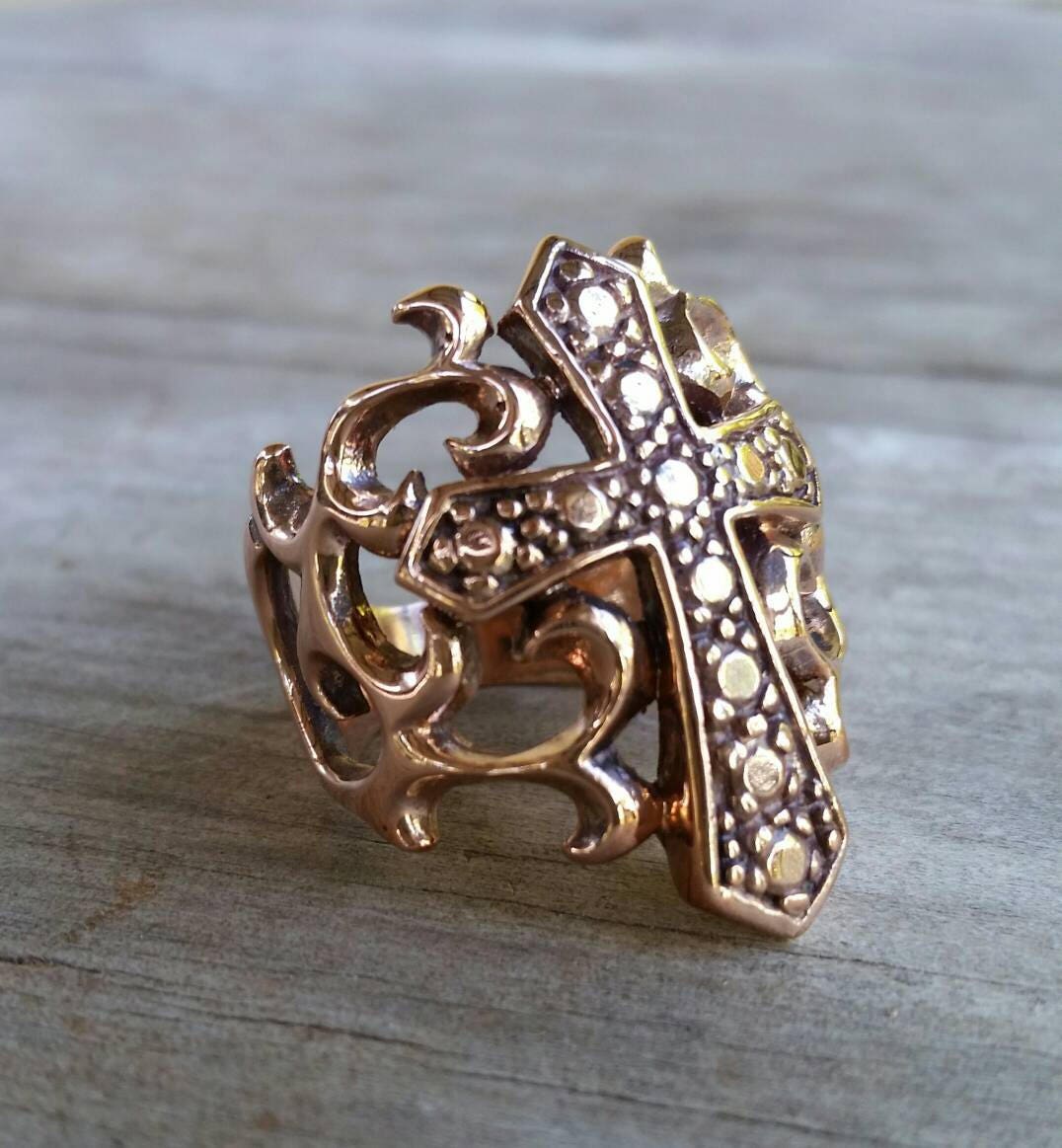 Rose gold,Large,cross ring,solid 9ct gold,ornate filegree,vintage, steampunk,wedding ring,religious,God,jesus,church,Christian,made to order