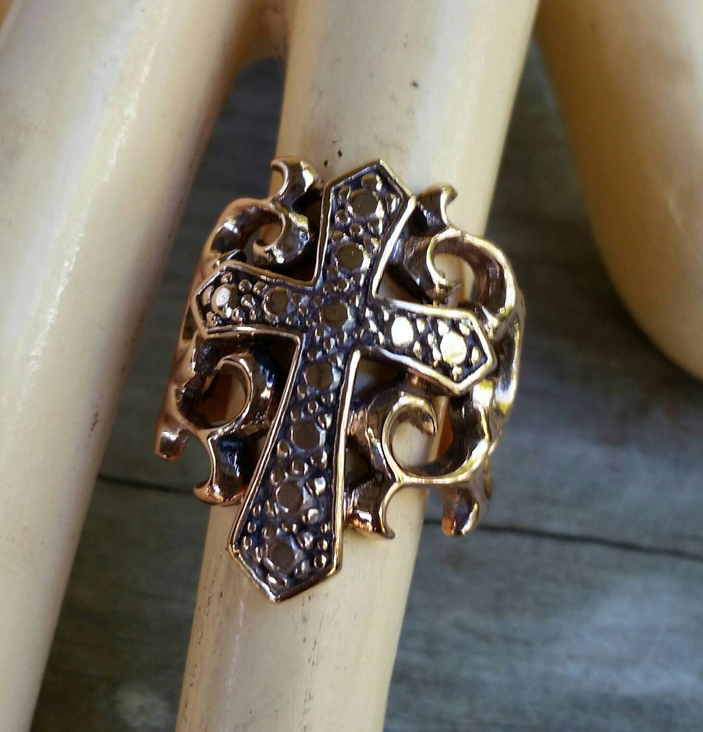 Rose gold,Large,cross ring,solid 9ct gold,ornate filegree,vintage, steampunk,wedding ring,religious,God,jesus,church,Christian,made to order