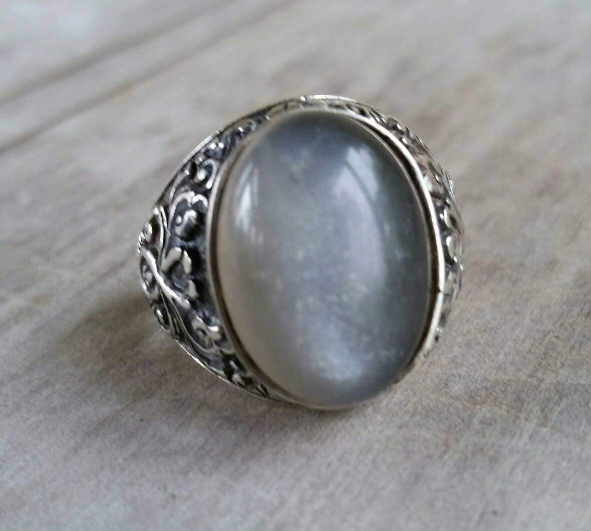 moonstone ring,grey moonstone,sterling silver,antique design,mens wedding dress ring ,scroll pattern