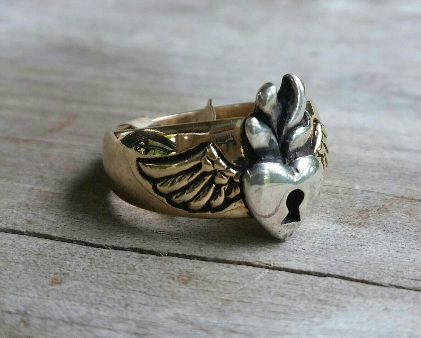 Heart ring,Two tone, 9k gold and sterling silver,sacred flaming heart, cladder ring alternative steampunk gothic