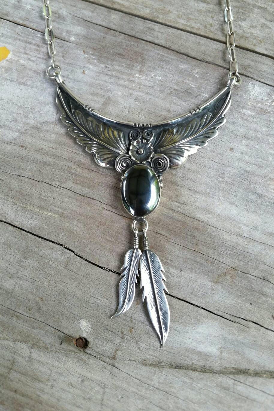 Large Hemitite feather sterling silver Navajo Indian style necklace pendant