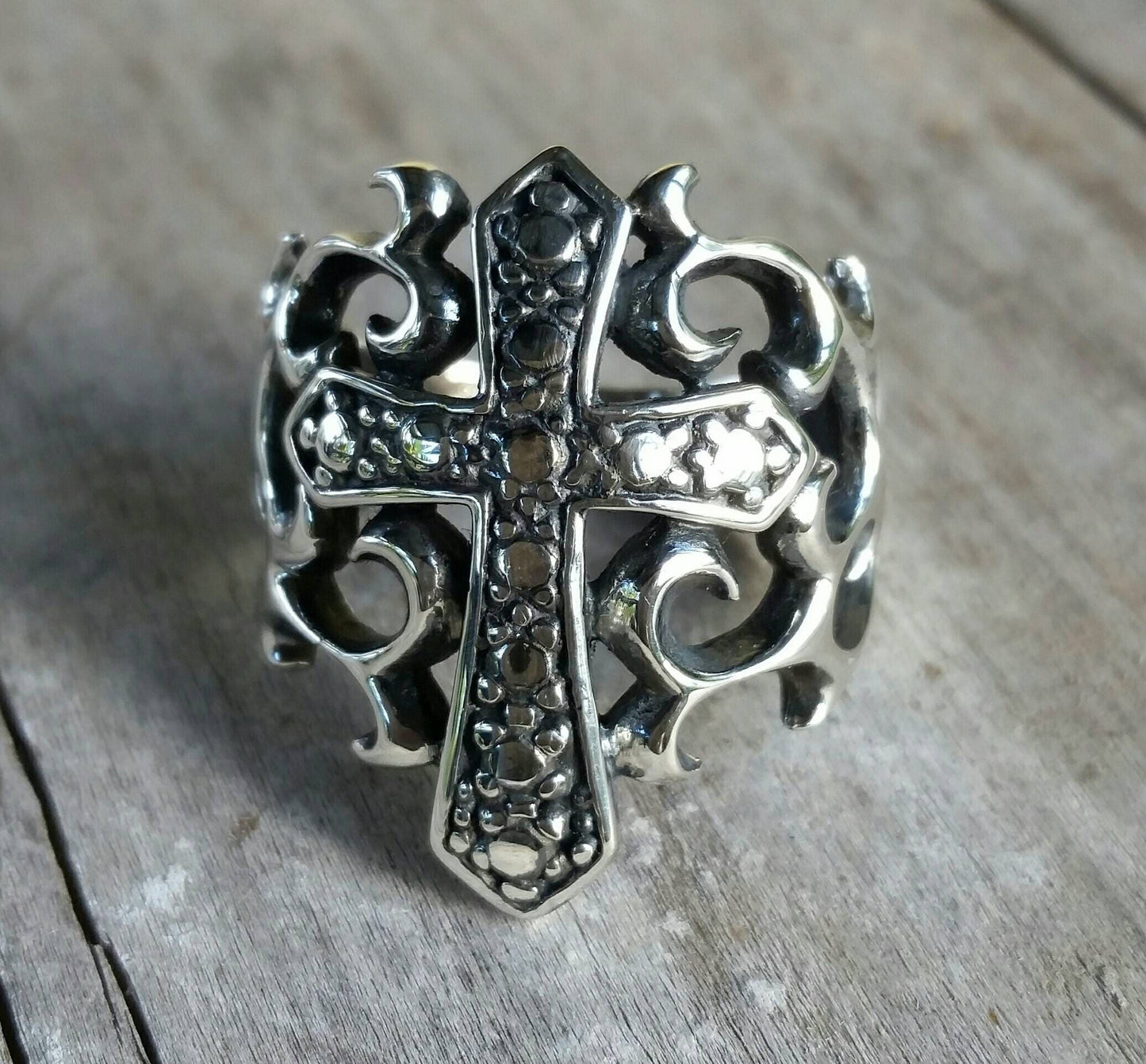 Large cross ring,sterling silver, ornate, filegree,handmade, steampunk,gothic, wedding,dress ring,religious,Christian,god,maori koru