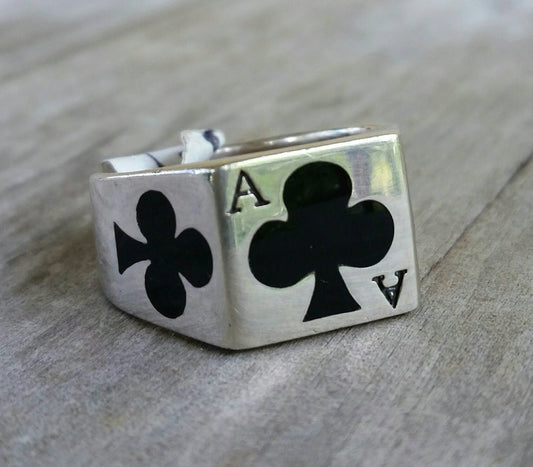 Ace of clubs ring,gambling, cards,sterling silver,ace ring,enamel,Vegas wedding,black jack,poker,lucky,handmade,signet ring,rockabilly