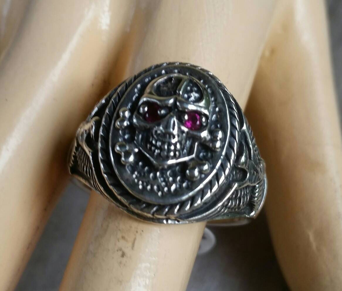 skull ring, sterling silver,skull and cross bones,vintage,eagle ring,steampunk,lucky seven,gothic, punk ,pirate,grunge,handmade,pheonix