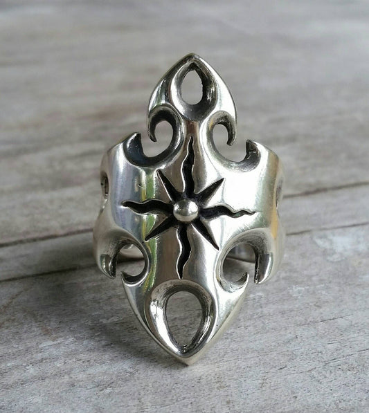 Long scroll ring sterling silver steampunk gothic tribal ring