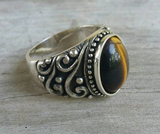 Tigers eye mans sterling silver dress wedding dress ring antique scroll pattern