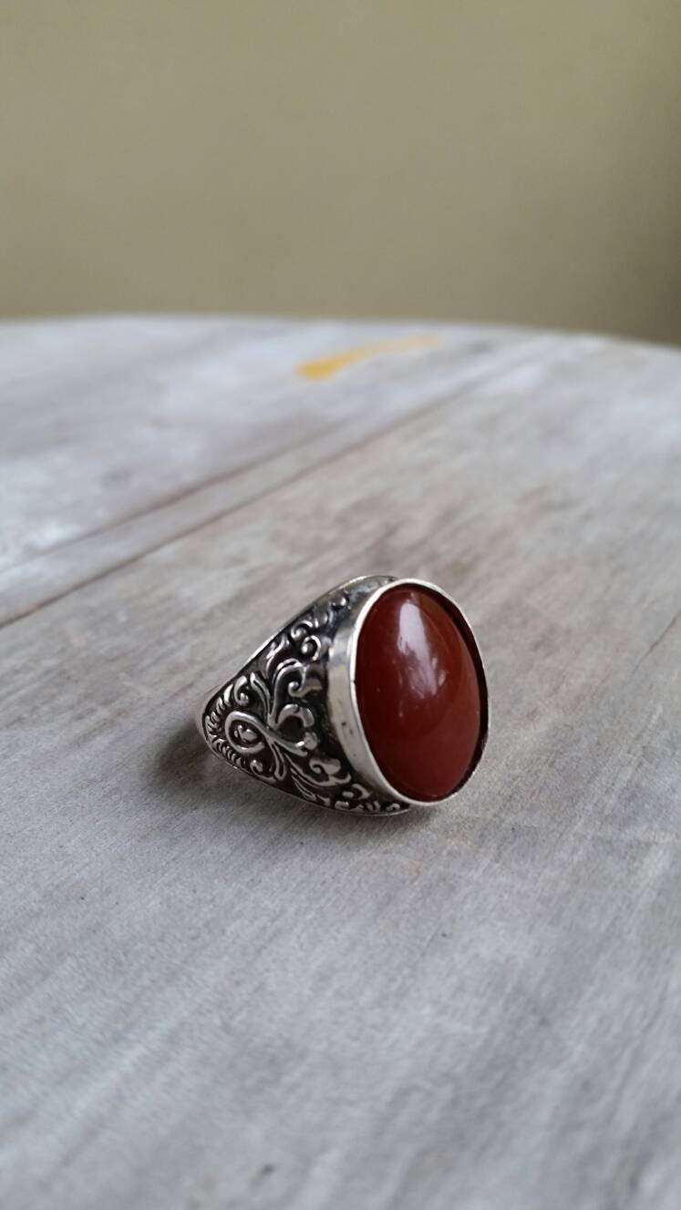 Carnelian ring,sterling silver, vintage,scroll,boho,victorian, wedding, dress ring,antique look,baroque,large mans stone ring,gemstone ring,