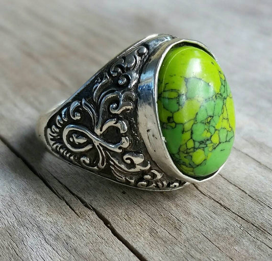 Green Turquoise, mens stone ring,sterling silver, wedding, mens fashion,antique,vintage, scroll, pattern,handmade,signet ring,boho,designer